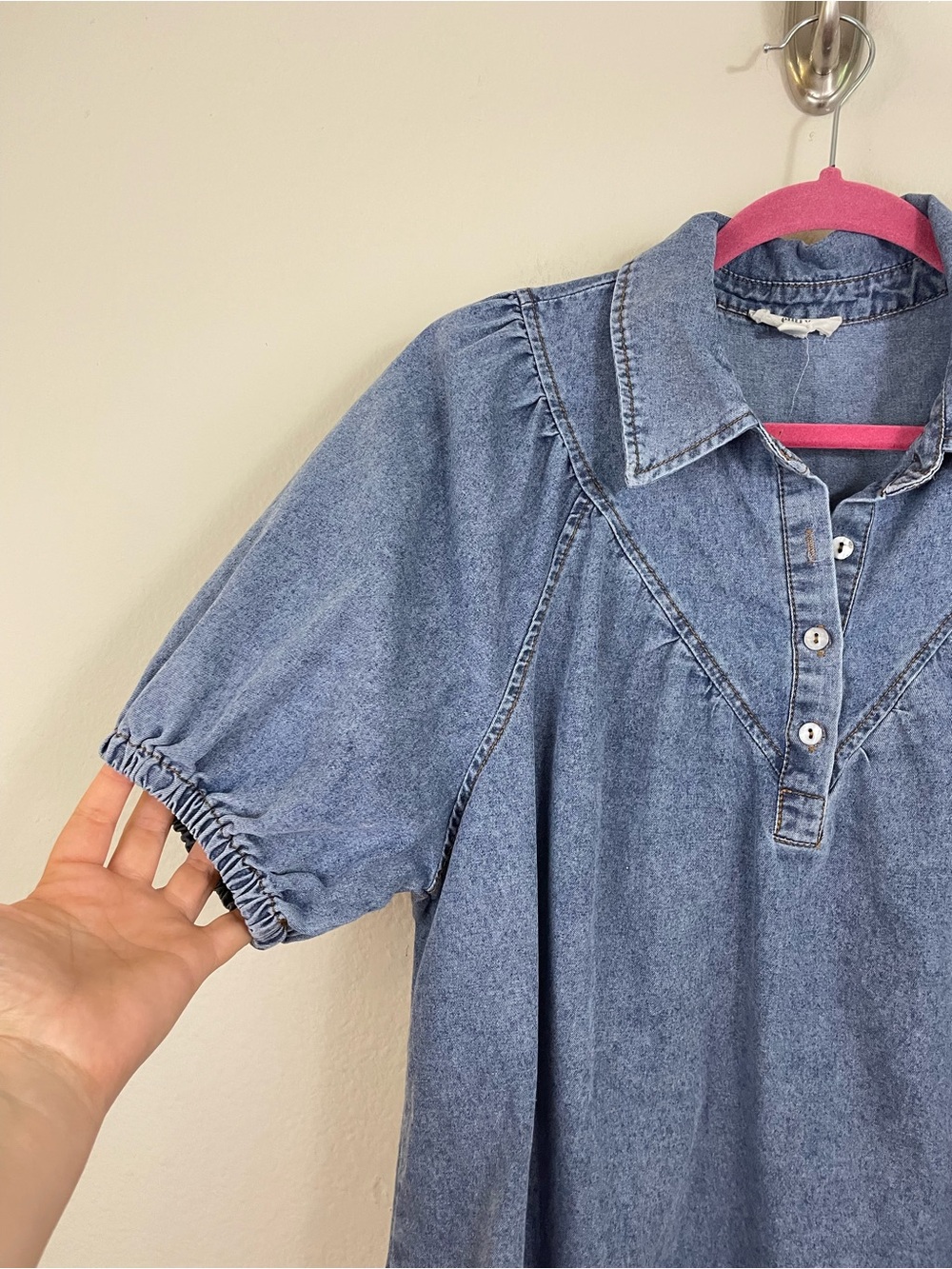Entro Denim Puff Sleeve Popover Collared Top Size Small - Picture 3 of 5
